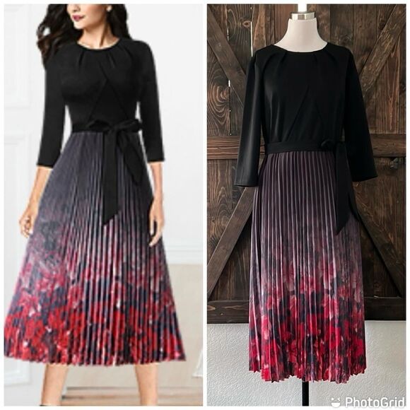 VFSHOW Mid-Calf Pleated Dress Crew Neck Pockets Belted Work Casual A-Line Dress - Picture 1 of 11